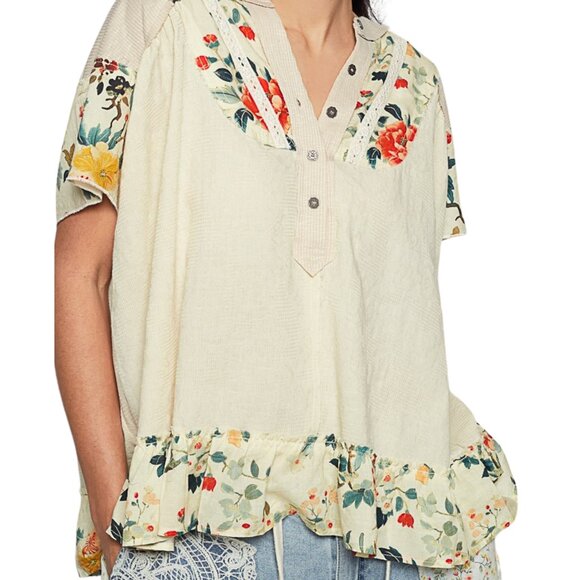 POL Ruffle Floral Placket Top Short Sleeve Cotton Blend Blouse Relaxed Fit S M L - Picture 1 of 5